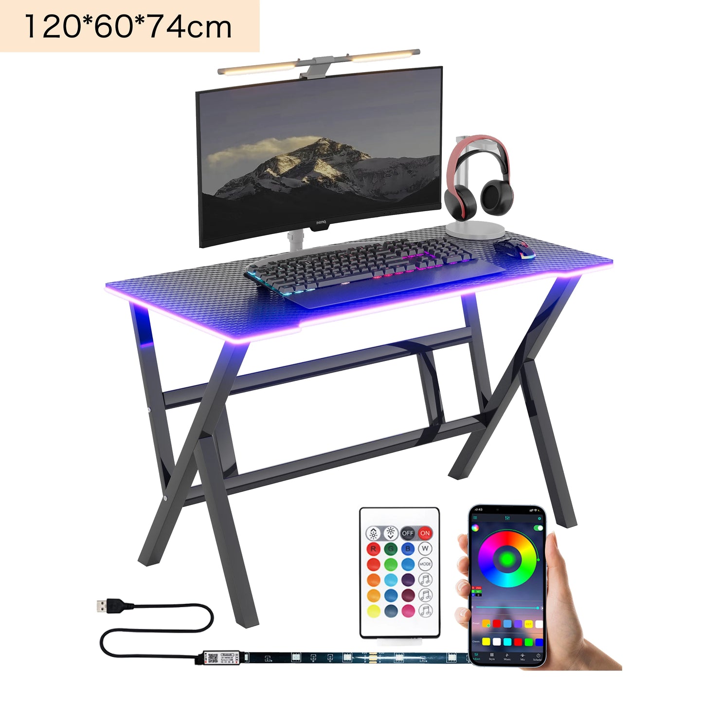 K-shaped Computer Table with LED Strip Carbon Fiber Surface