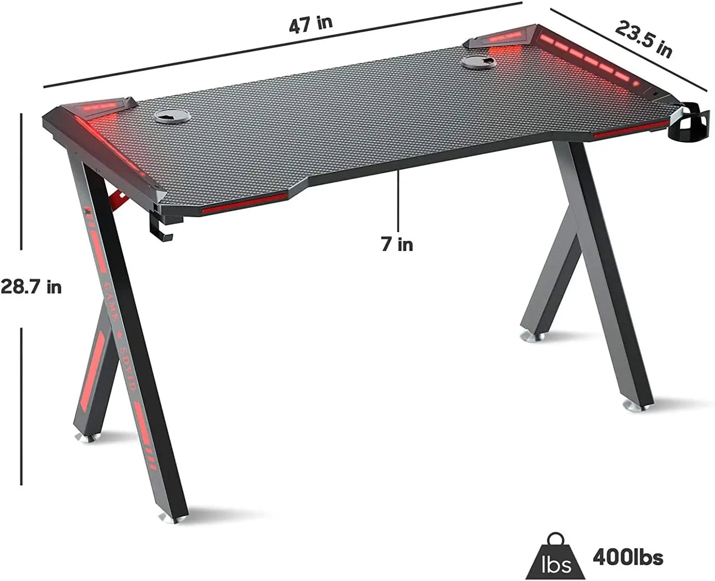 طاولة ألعاب مع أضواء LED RGB 120 سم مكتب كمبيوتر شخصي على شكل حرف Y طاولة مكتب كمبيوتر منزلي مع حامل مقبض C