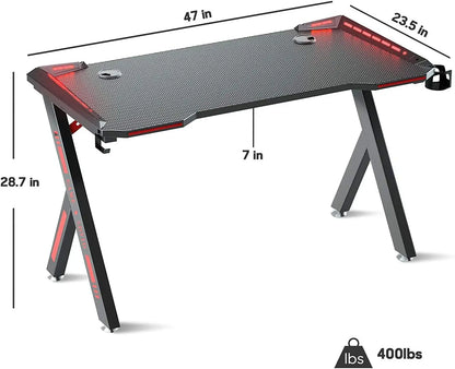 Gaming Desk with LED RGB Lights 120cm PC Computer Desk Y Shaped Gamer Home Office Computer Desk Table with Handle Rack C