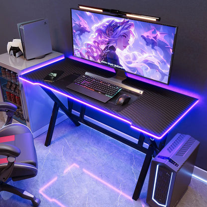 K-shaped Computer Table with LED Strip Carbon Fiber Surface