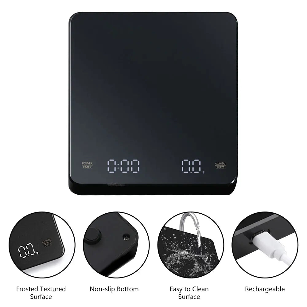 Digital Coffee Scale with Timer LED Screen Espresso USB 3kg Max.Weighing 0.1g High Precision Measures in Oz/ml/g