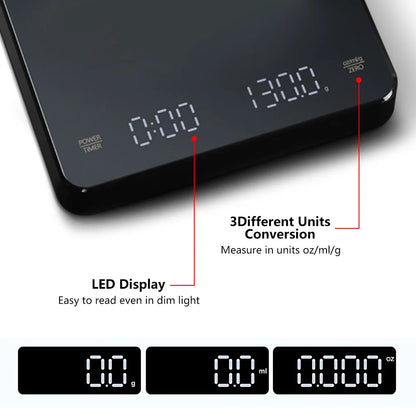 Digital Coffee Scale with Timer LED Screen Espresso USB 3kg Max.Weighing 0.1g High Precision Measures in Oz/ml/g