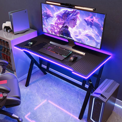 K-shaped Computer Table with LED Strip Carbon Fiber Surface