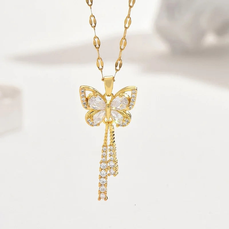 Exquisite Micro Inlaid Zircon Butterfly Tassel Necklace with Titanium Steel - Nix Store