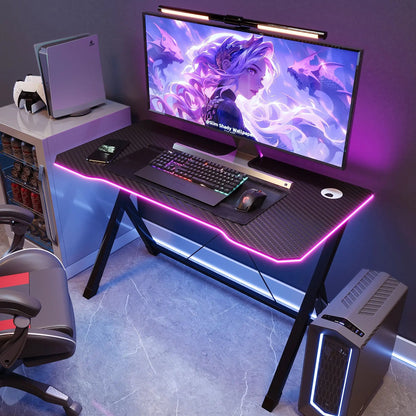 K-shaped Computer Table with LED Strip Carbon Fiber Surface