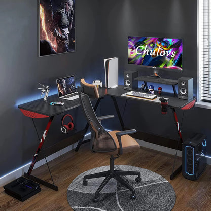 Carbon Fiber, Computer Corner Desk with Large Monitor Riser Stand for Home Off