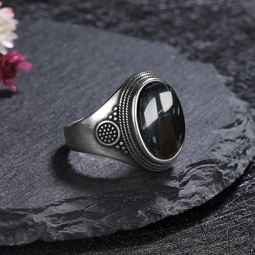 S925 Sterling Silver Rings Large 10x14MM Black Agate Ring - Nix Store