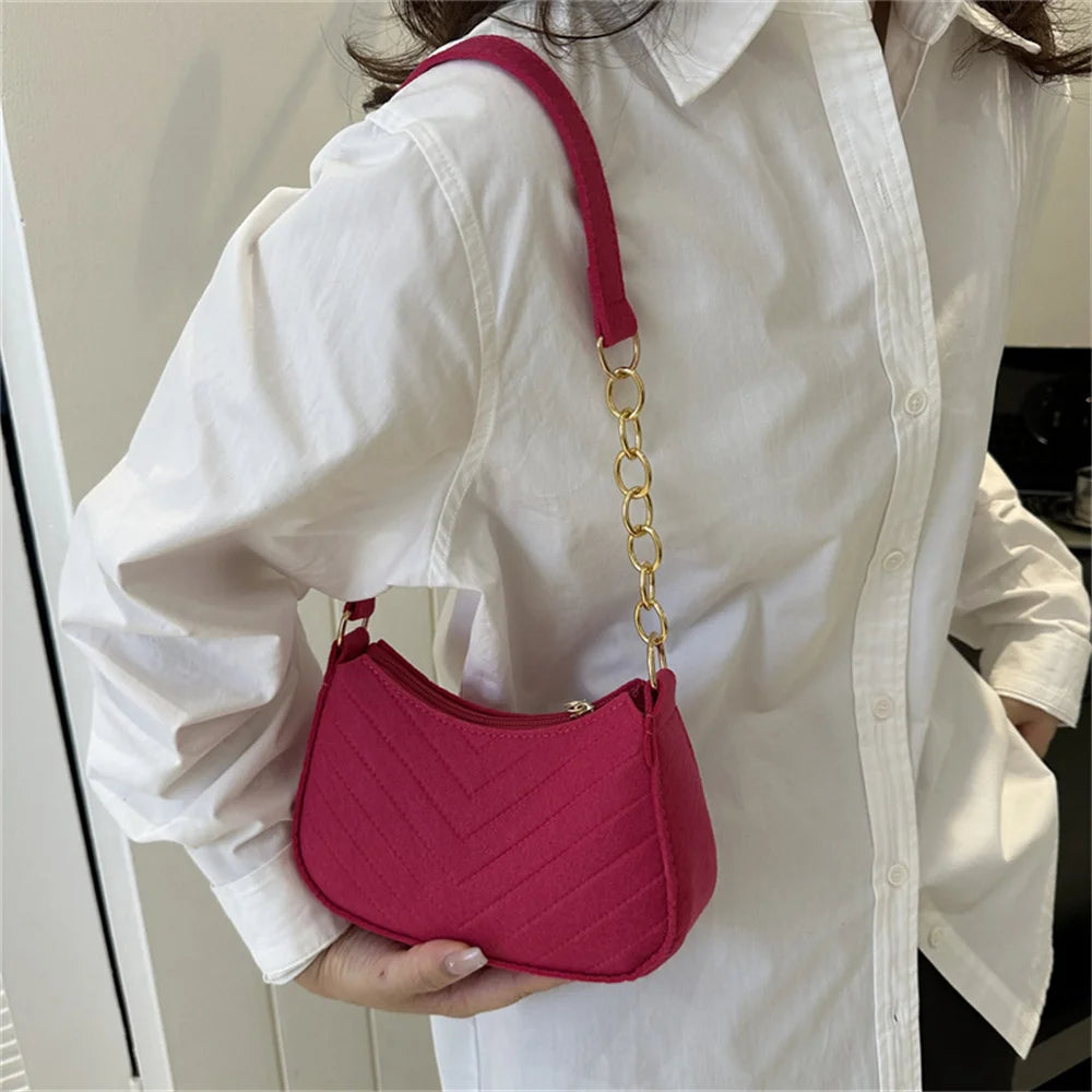 New Brand Women Retro Underarm Bag Felt Solid Color Shoulder Bag Casual Purse Bag Simple Crossbody Bag - Nix Store