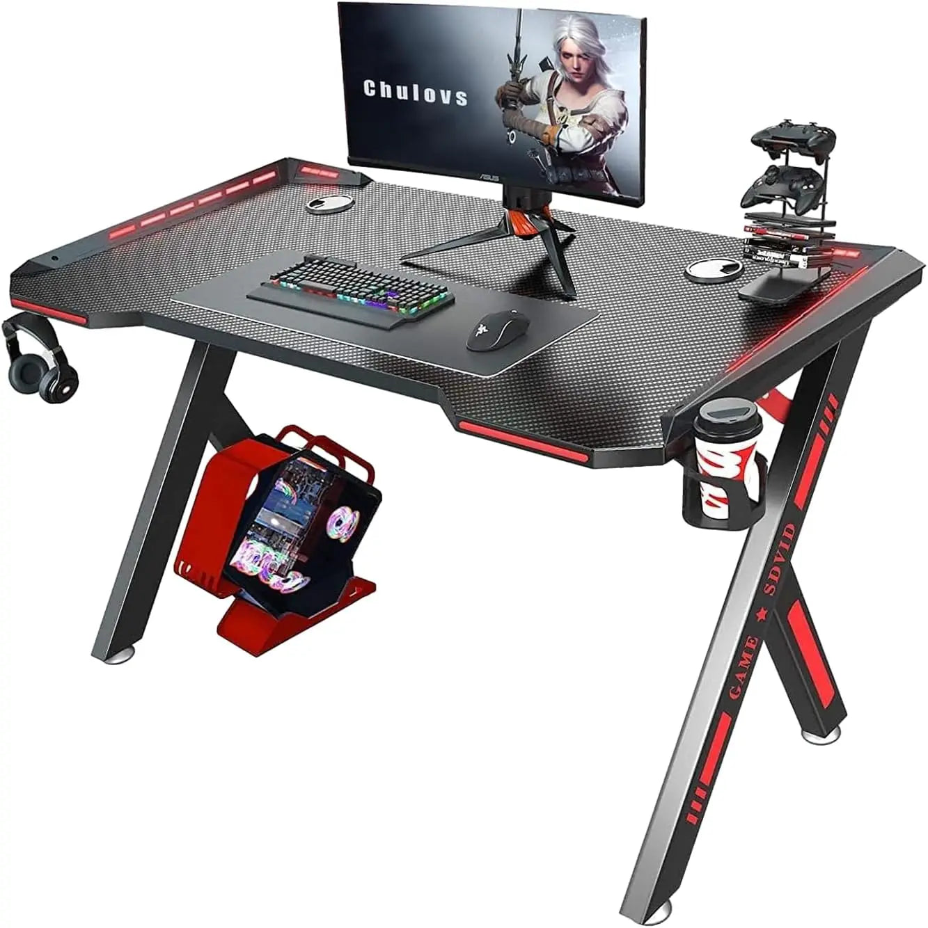 Gaming Desk with LED RGB Lights 120cm PC Computer Desk Y Shaped Gamer Home Office Computer Desk Table with Handle Rack C