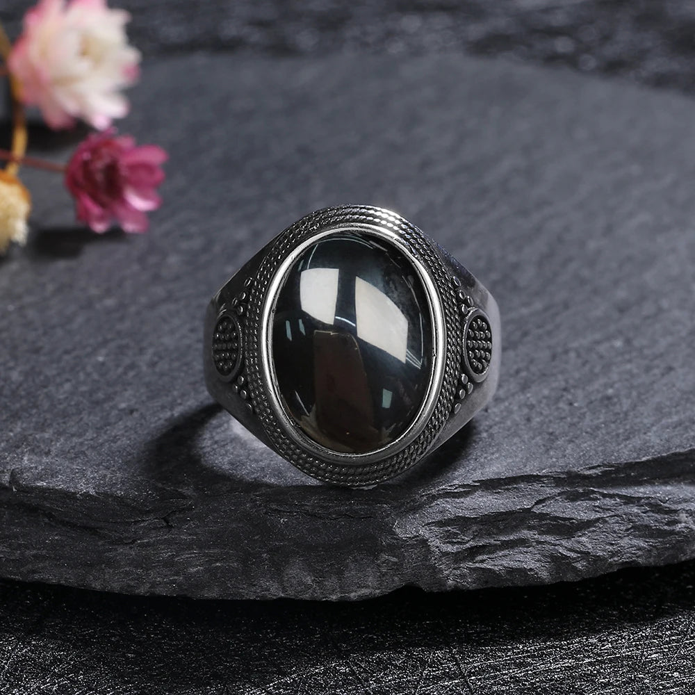 S925 Sterling Silver Rings Large 10x14MM Black Agate Ring - Nix Store