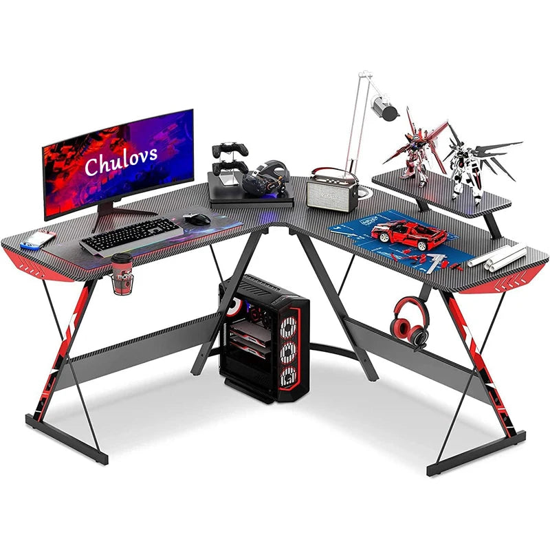 Carbon Fiber, Computer Corner Desk with Large Monitor Riser Stand for Home Off