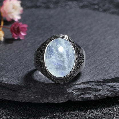 S925 Sterling Silver Rings Large 10x14MM Black Agate Ring - Nix Store