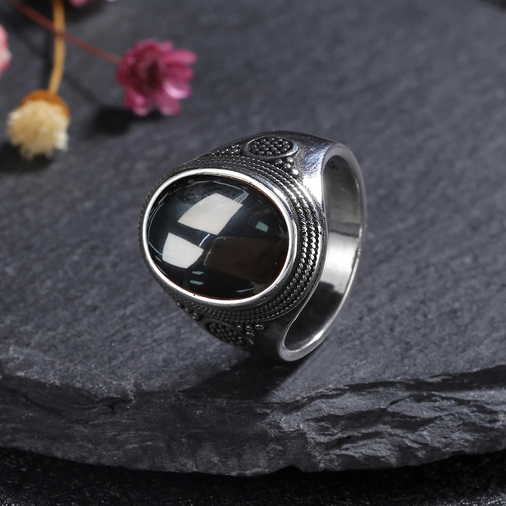 S925 Sterling Silver Rings Large 10x14MM Black Agate Ring - Nix Store