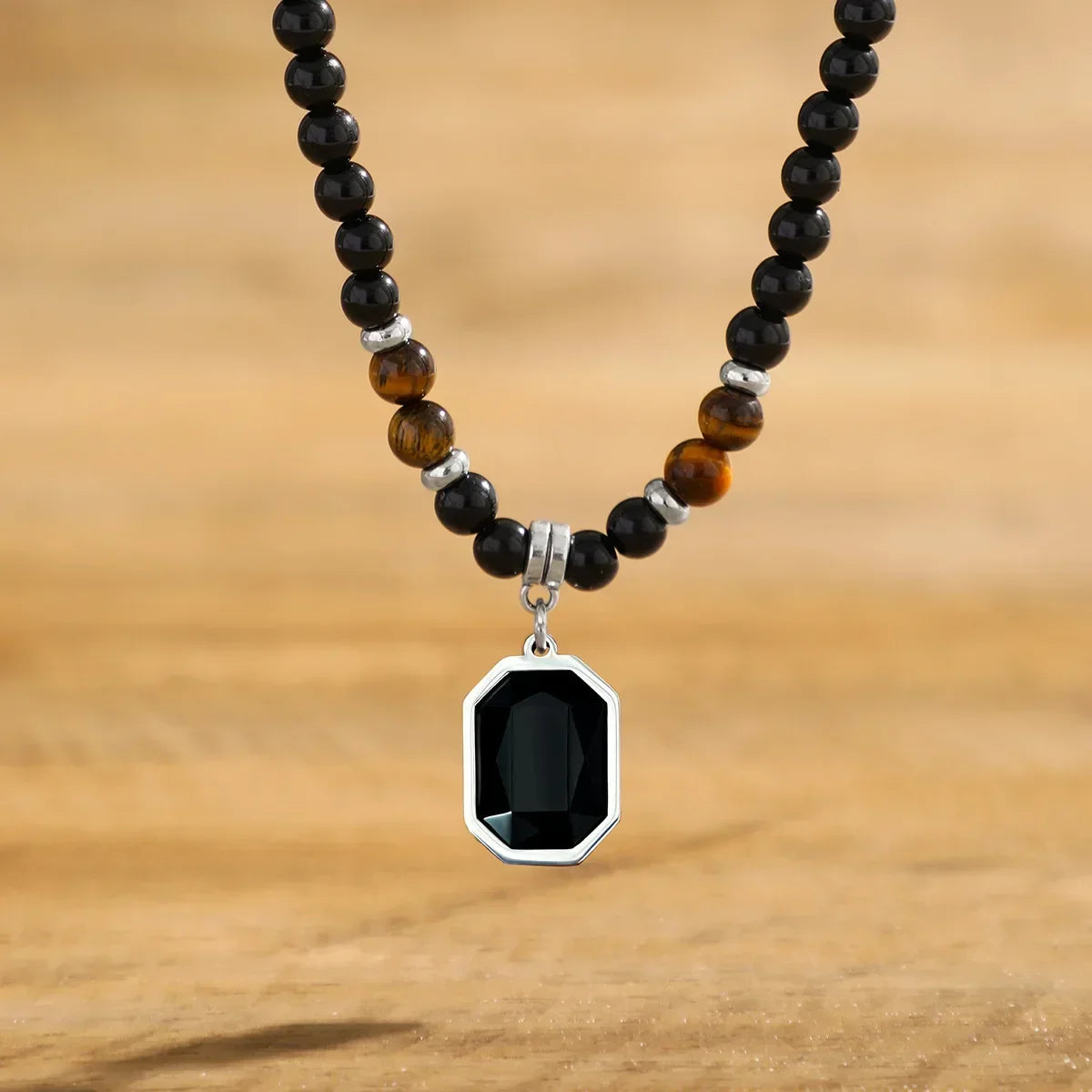 Black Beads with Square Pendant Necklace for Men Trendy Accessories on the Neck Collar - Nix Store