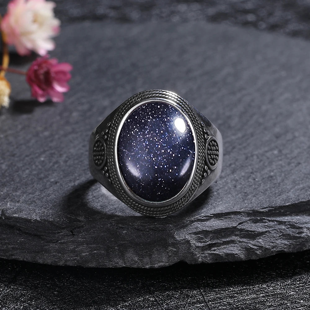 S925 Sterling Silver Rings Large 10x14MM Black Agate Ring - Nix Store