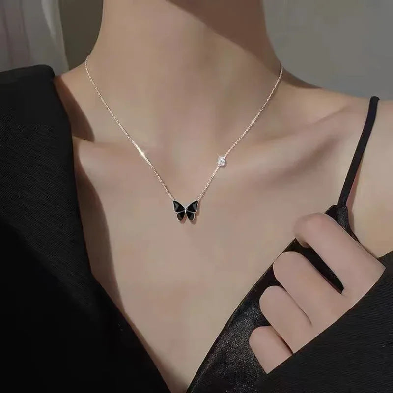 Black Butterfly Pendant Necklace for Women Personality Light Luxury Clavicle Chain Fashion Collar Chain Jewellery 목걸이 - Nix Store