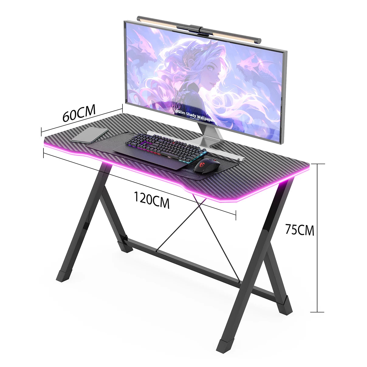 K-shaped Computer Table with LED Strip Carbon Fiber Surface