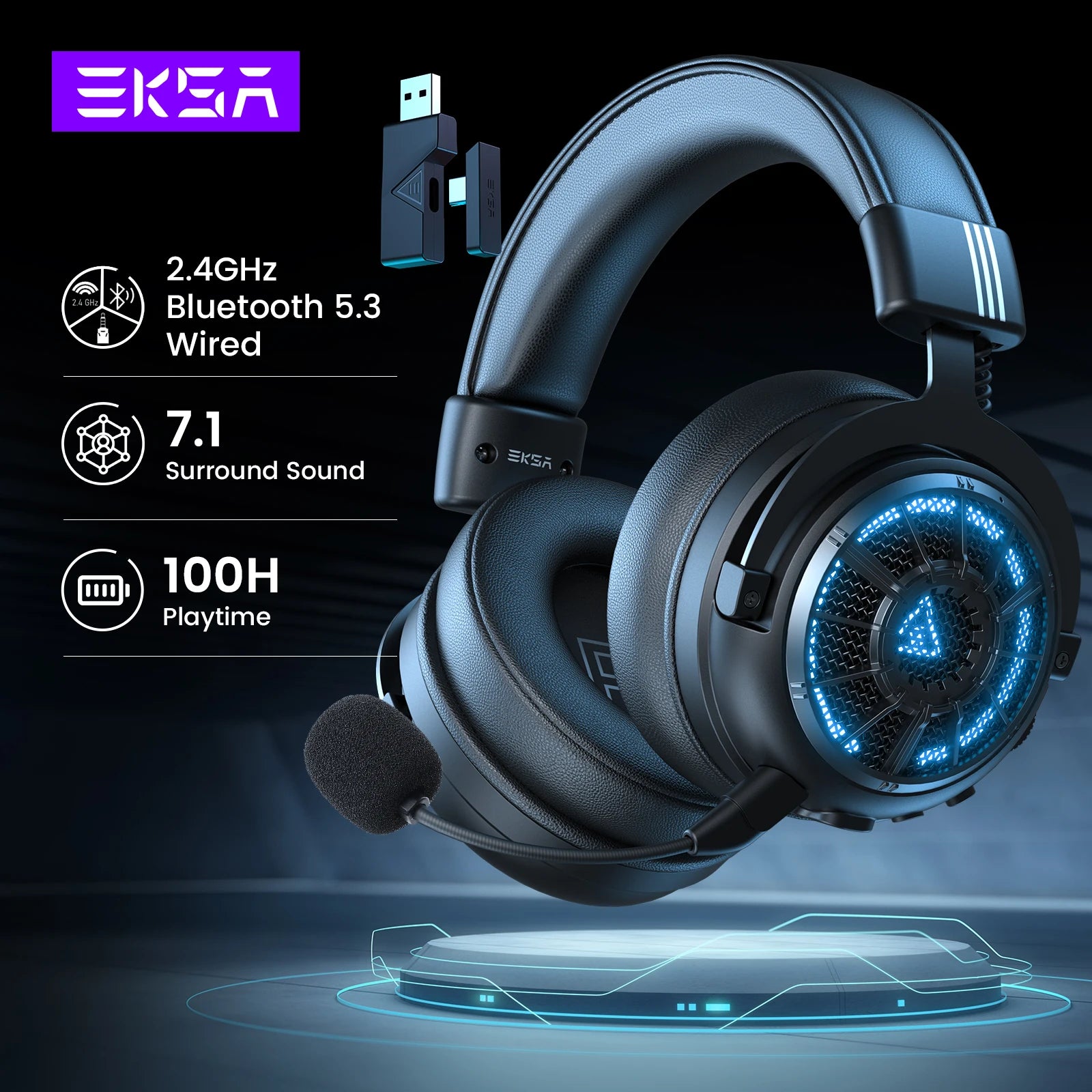 EKSA E5000 BT 2.4GHz Wireless Headphones Bluetooth 5.3 Gaming Headset Gamer with ENC Noise Cancelling Mic for PC/PS5/Xbox, 100H - Nix Store