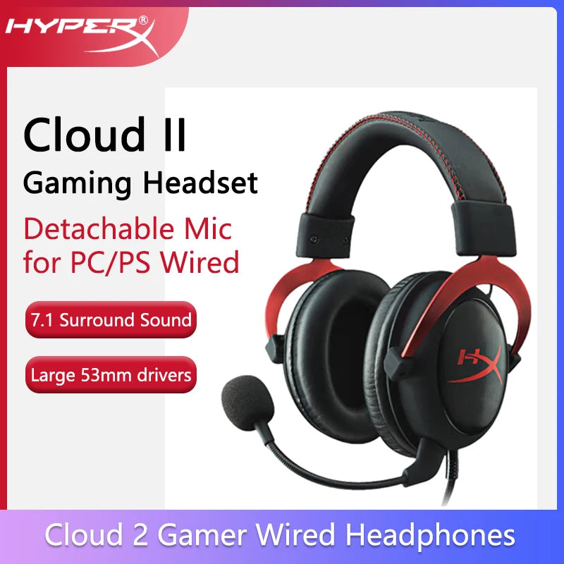 سماعة رأس HyperX Cloud II للألعاب بصوت محيطي عالي الدقة 7.1/ميكروفون قابل للفصل/بطاقة صوت USB