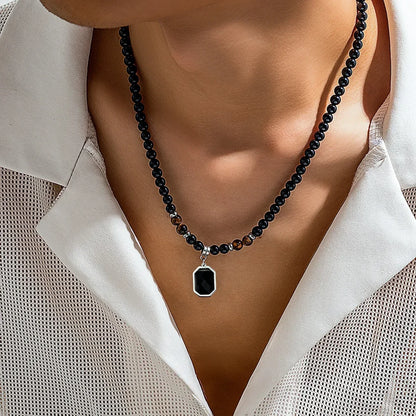 Black Beads with Square Pendant Necklace for Men Trendy Accessories on the Neck Collar - Nix Store